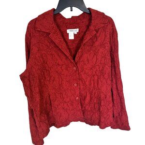 Womens Jacket Coldwater Creek Red Paisley Textured Button Up 1X Cotton Blend